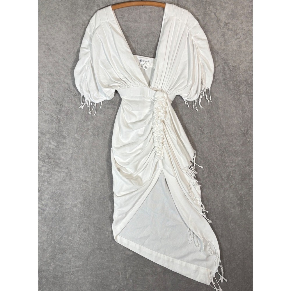 JBQ Just Bee Queen Luma Dress White Cotton Ruched Asymmetrical Fringe Midi M